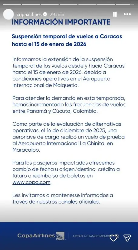 Comunicado de Copa Airlines en Instagram