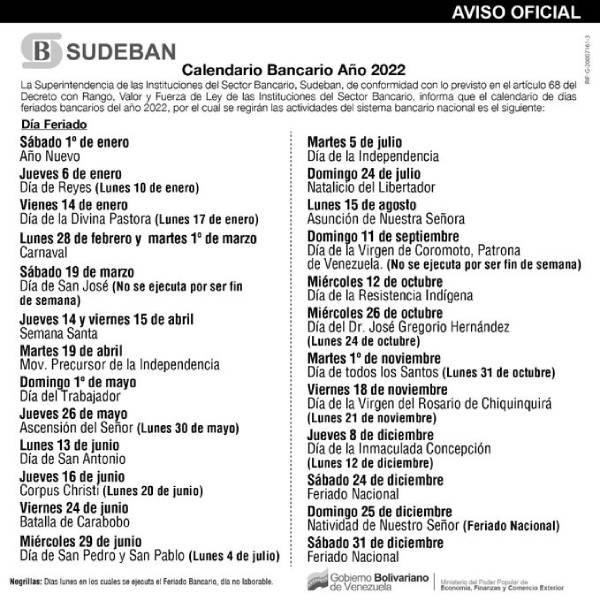calendario bancario de Venezuela 2022
