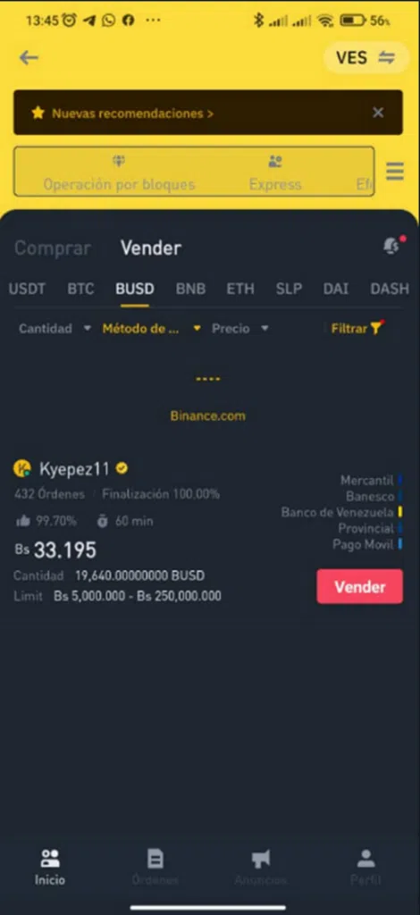 Solo hay una oferta de venta activa en el P2P de Binance con el Banco de Venezuela como método de pago, pero parece ser un error