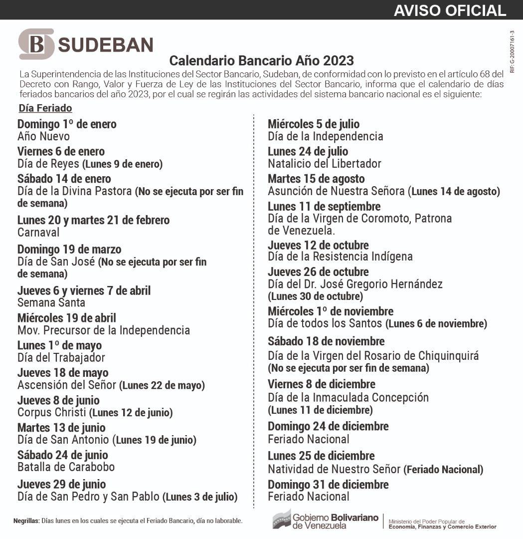 Calendario Bancario para Venezuela el 2023