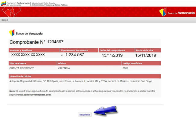 Comprobante de cita para apertura de cuenta en el banco de Venezuela